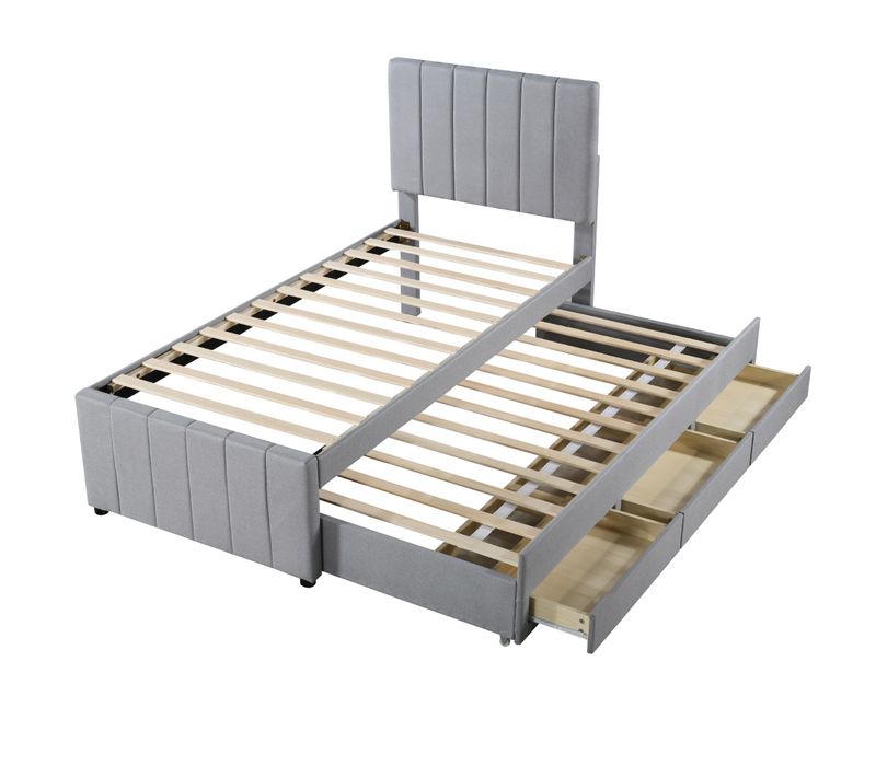 Lit Enfant 90x200 Cm Avec Tiroir Lit Et Rangements, Revêtement En Lin Respirant, Gris