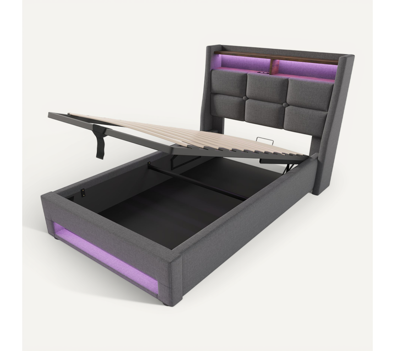 Lit Coffre 90x200 cm, lit Enfant avec rangement, Avec Étagère, LED, USB, Lin, Gris