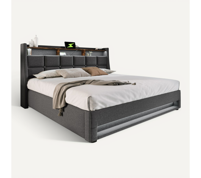 Lit Coffre Adulte 160x200 cm, Lit Double, Avec Étagère, LED, USB, Lin, Gris