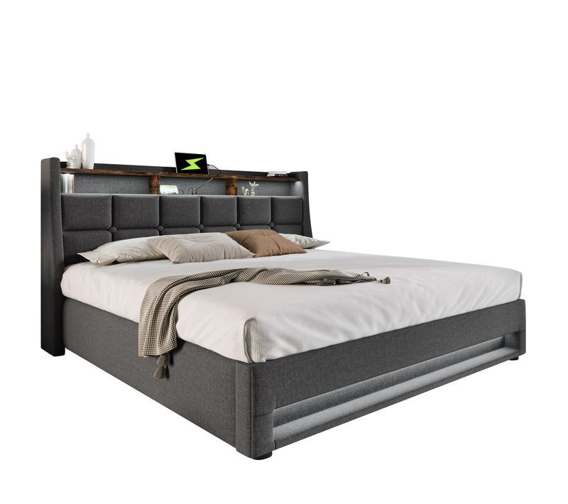 Lit Coffre 180x200 cm, lit Adulte avec rangement, Avec Étagère, LED, USB, Lin, Gris