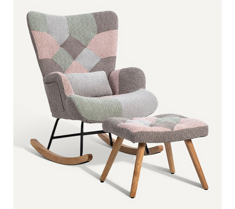 Chaise à Bascule, Rocking-chair Avec Repose-pieds Et Coussin Lombaire, Design Multicolore