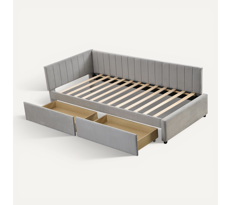 Lit Enfant 90x200 Cm Avec 2 Tiroirs De Rangements, Tissu Velours, Gris