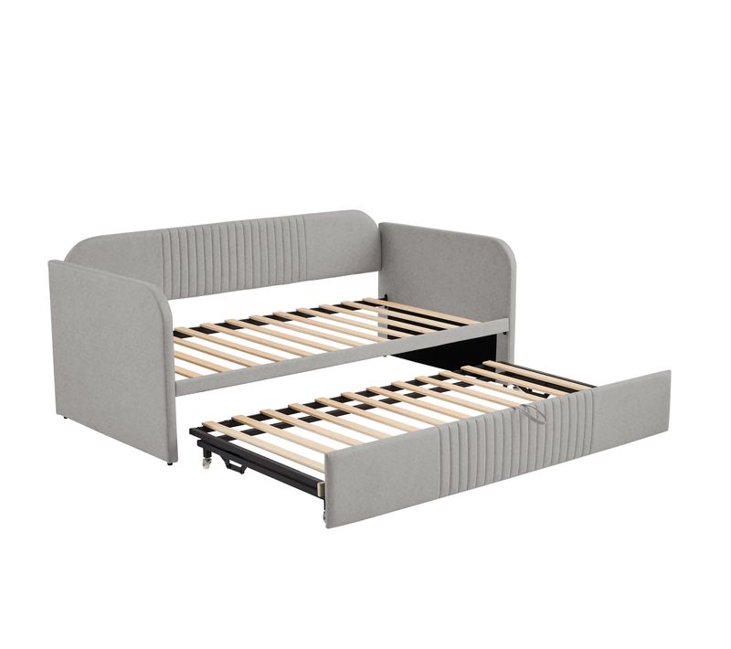 Lit Enfant 90/180 X 190 Cm Gris En Lin , Canapé-lit, Avec Lattes Et Design Rayé Élégant