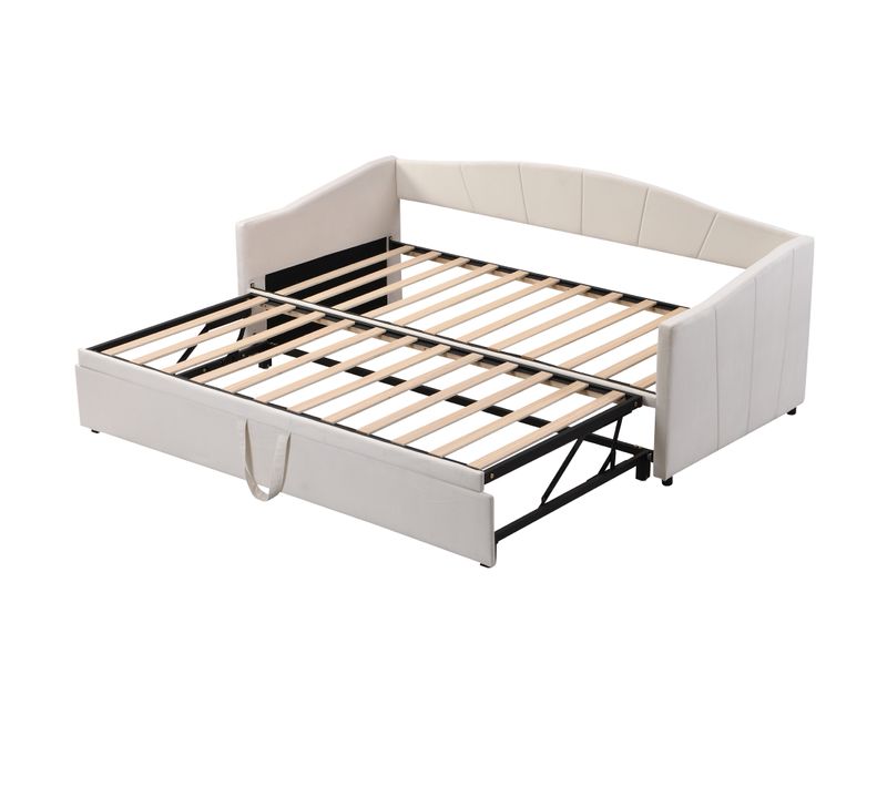Lit Enfant Gigogne 90/180x200 Cm En Velours Avec Sommier Lattes, Beige