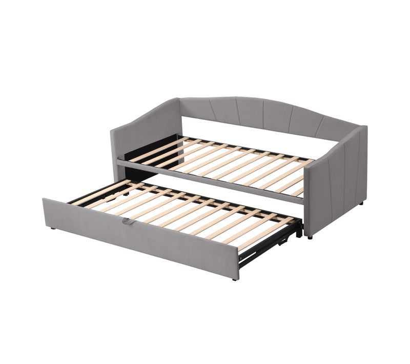 Lit Enfant 90/180x200 Cm Gris En Velours Avec Sommier Lattes, Design Multifonction