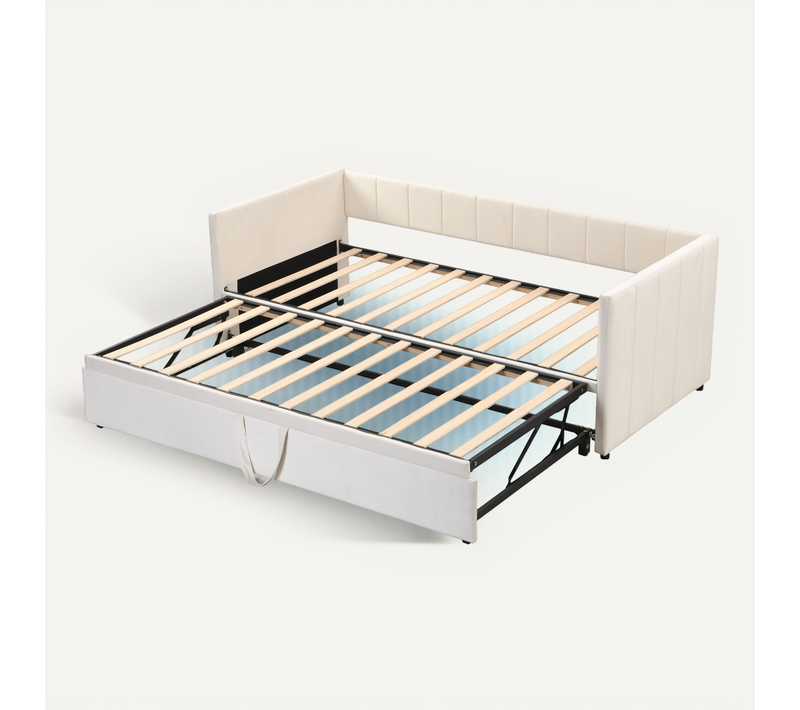 Lit Enfant Gigogne 90/180x200 Cm En Velours Doux Avec Sommier à Lattes, Beige