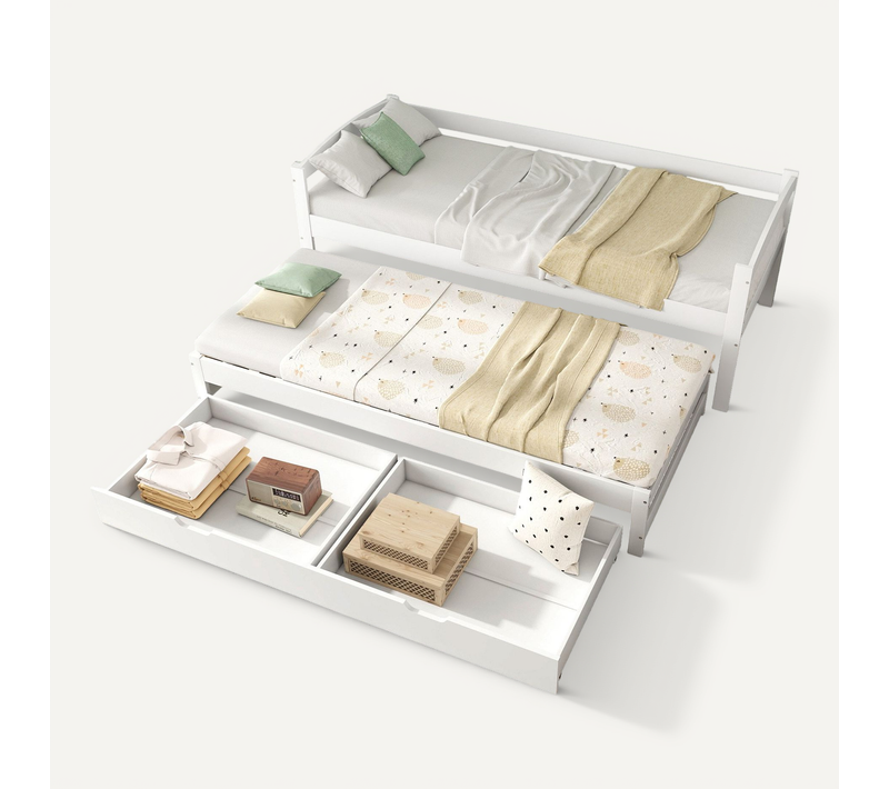 Lit Enfant Gigogne 90x200/190 Cm Avec Rangement - 2 Tiroirs, Cadre En Bois, Blanc
