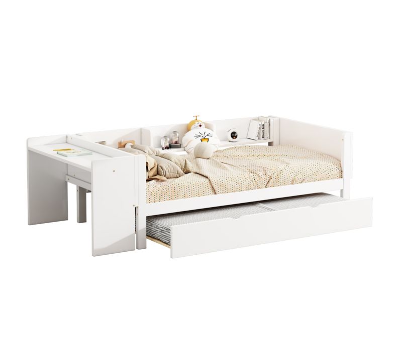 Lit Enfant Gigogne 90x200 Cm Avec Bureau Intégré, 3 Étagères - Blanc