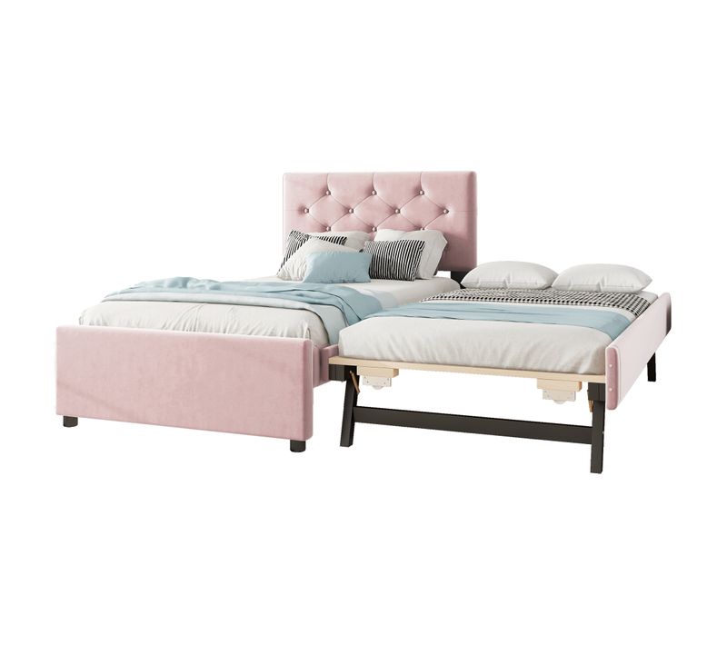Lit Enfant 90x200 Cm, Tissu Velours Rose, Design Minimaliste Avec Lit Roulant