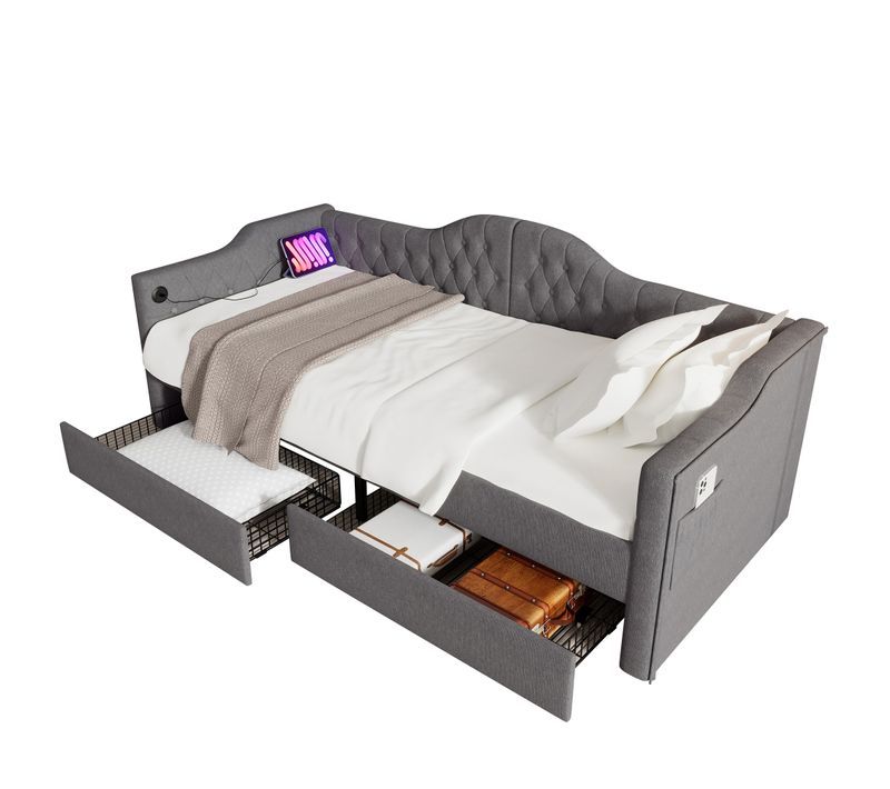 Lit 90x190 Cm En Lin Gris, Avec Tiroirs De Rangements, USB Type-c Et Cadre En Acier