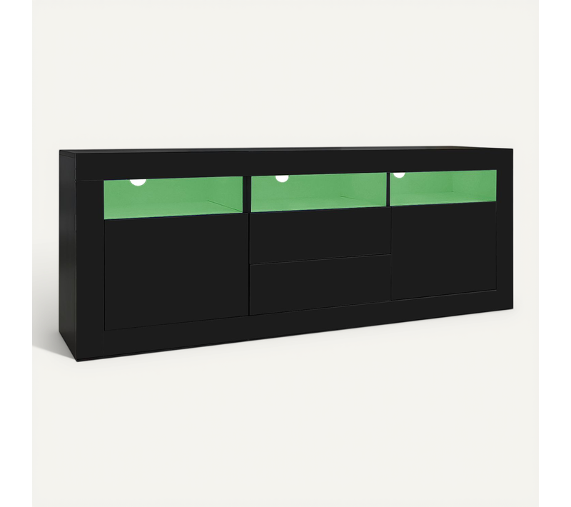Meuble TV 160 X 35 X 60 Cm Avec Éclairage LED, 3 Compartiments Ouverts, 2 Portes, 2 Tiroirs, Noir