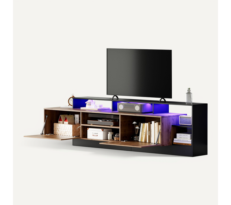 Meuble TV Avec Rangement Ouvert, LED, Adapté Au Meuble De Chambre Et De Salon, Bois Et Noir