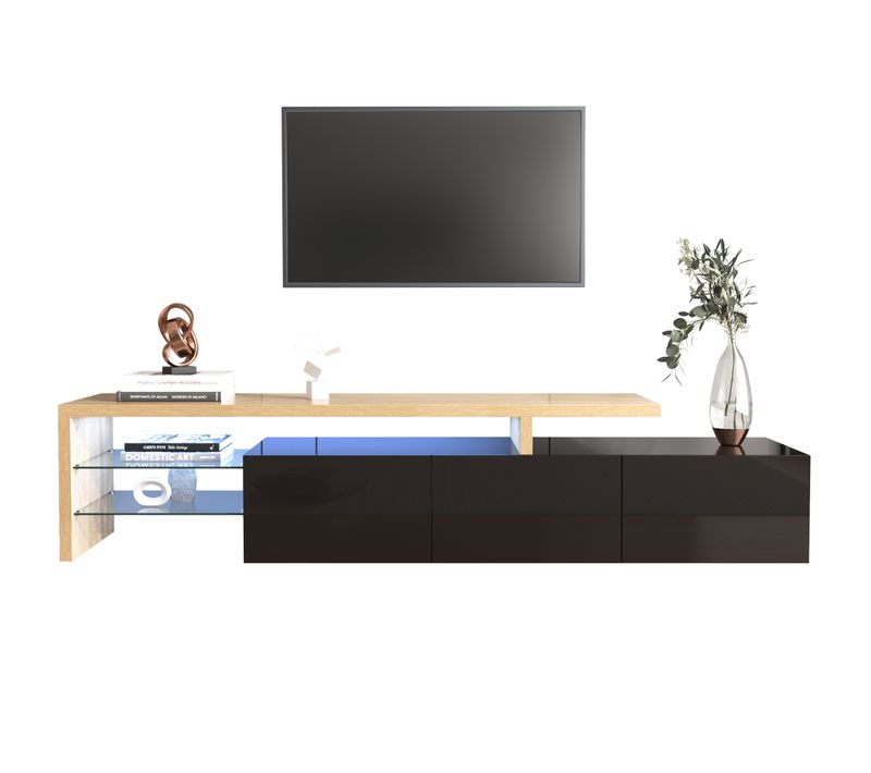 Meuble TV Moderne 197.5x39x42cm, Noir Brillant, Extérieur En Bois, Étagères En Verre, Éclairage LED