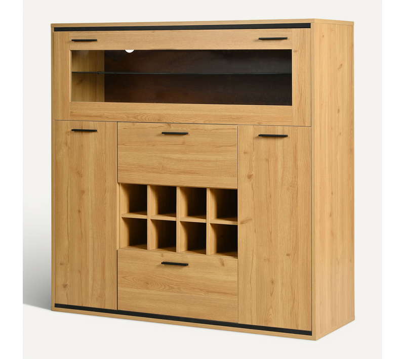 Buffet Cuisine Avec 2 Tiroirs, 3 Portes, 1 Étagère En Verre Et Porte-bouteilles, 110x38x111cm, Bois
