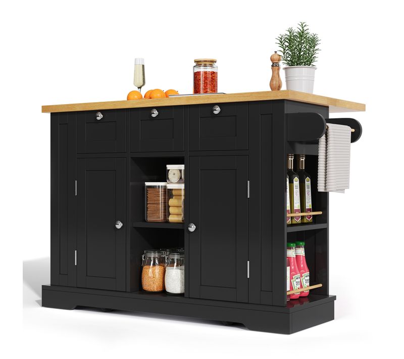 Table De Cuisine Mobile 132cm, Tiroir, Étagère à Épices, Porte-serviettes, 5 Roulettes, Prise, Noir