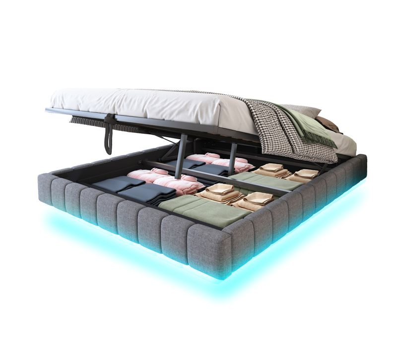 Lit Coffre Adulte 160x200 Cm, Cadre Flottant Hydraulique, Rangement, Lumière LED, Lin Gris