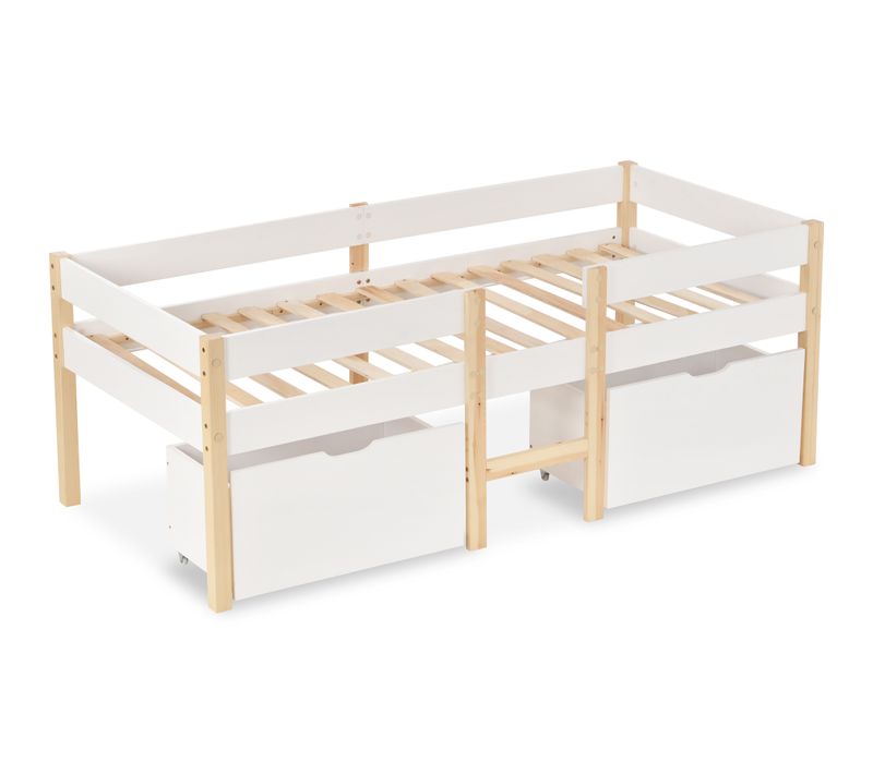 Lit Enfant Avec Tiroirs Et Protection Anti-chute, Bois De Pin Massif 90x190 Cm - Blanc Et Chêne