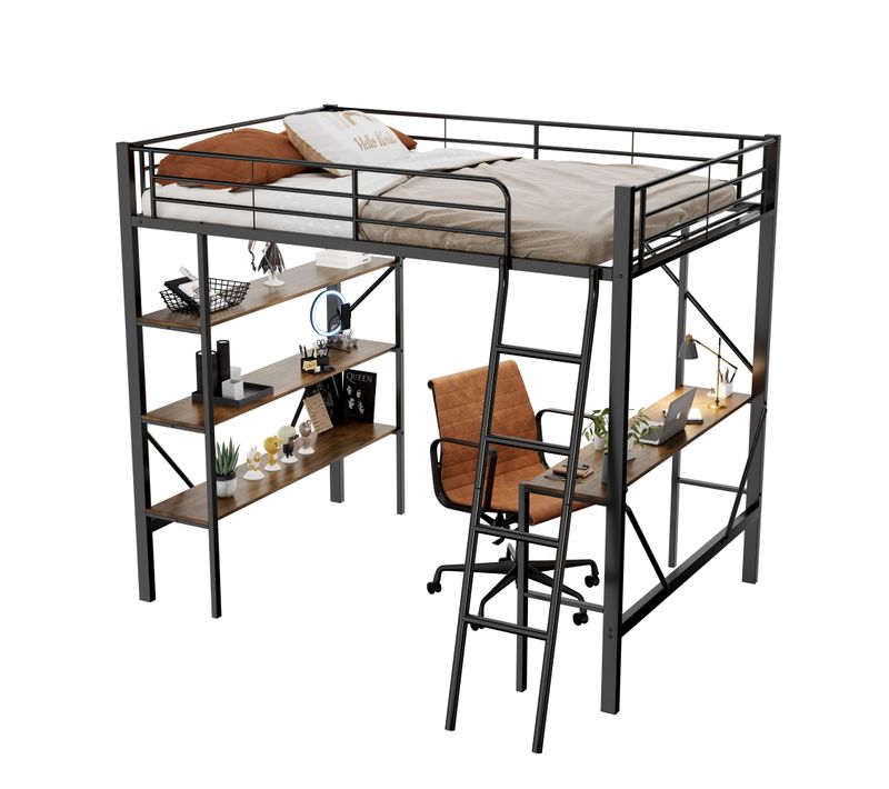 Lit Mezzanine Avec Bureau Et 3 Étagères, Structure En Métal Robuste, 90x200 Cm - Noir