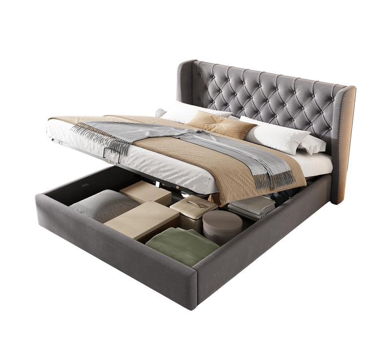 Lit Coffre 140x200 Cm En Velours Avec Rangement Hydraulique, Sommier à Lattes, Gris