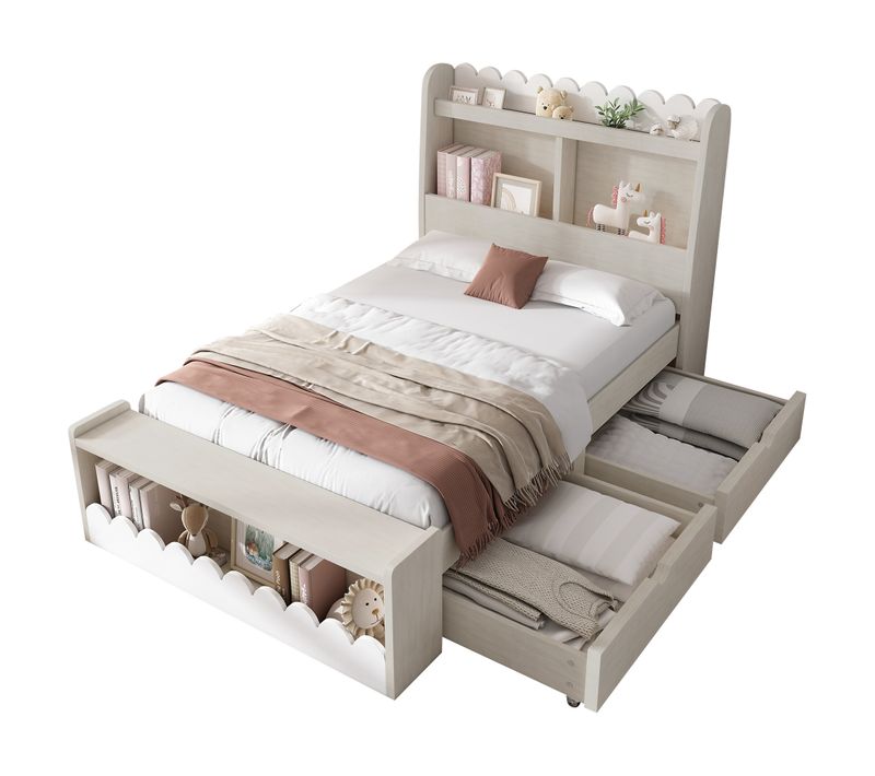 Lit Enfant 90x200 Cm En Bois Avec Rangements, Tiroirs Et Étagère, Blanc Et Chêne