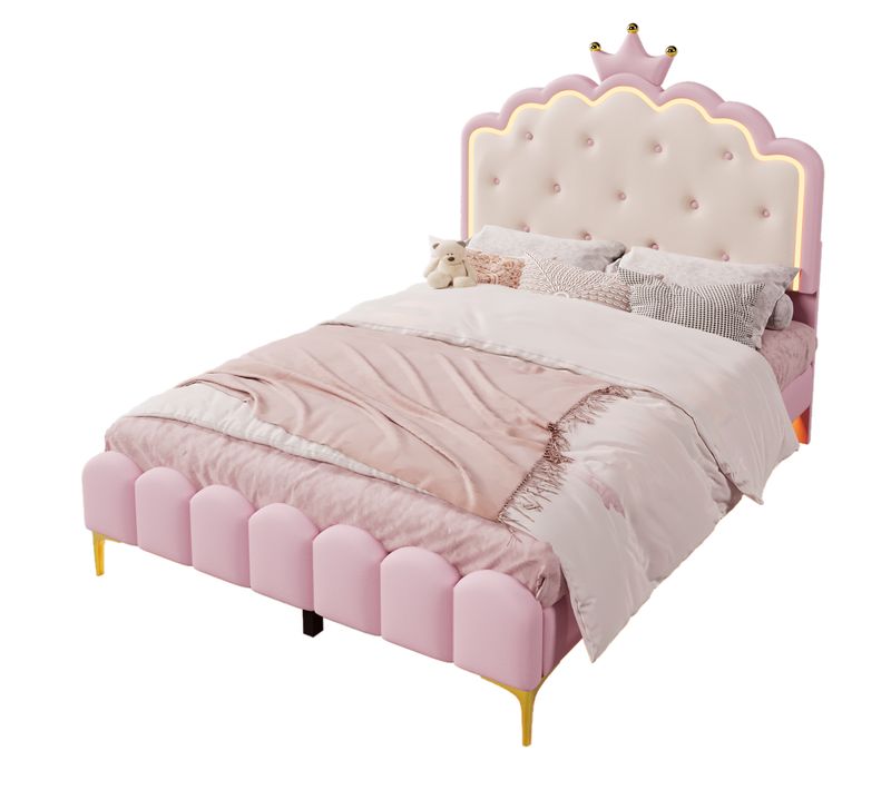 Lit Enfant Princesse 140x200 Cm En Pu Rose Avec Latte, Lumière Ambiance Et Télécommande