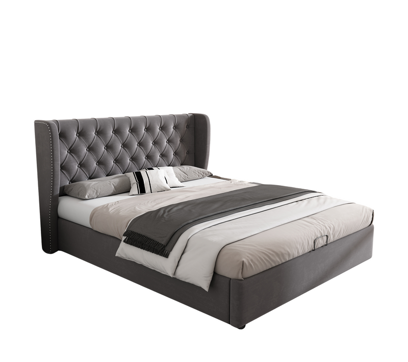 Lit Coffre 140x190 Cm, Rangement, Tissu Velours Gris, Tête Haute