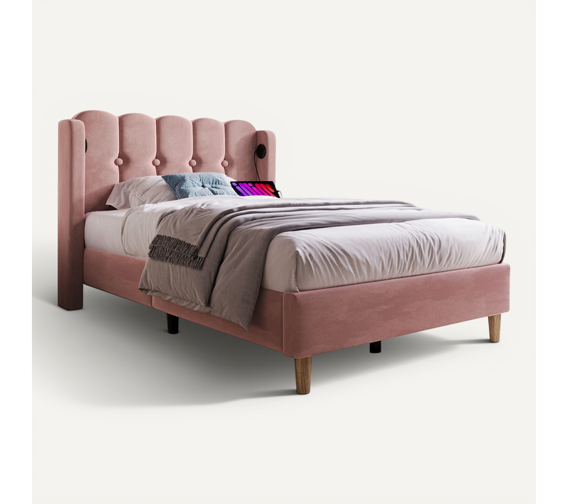 Lit 90x200 Cm En Velours Rose Avec Chargeur USB-c, Sommier à Lattes Et Dossier Rembourré