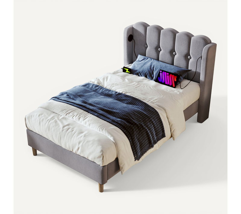 Lit 90x200 Cm En Lin Gris Avec Chargeur USB-c, Sommier à Lattes Et Dossier Rembourré