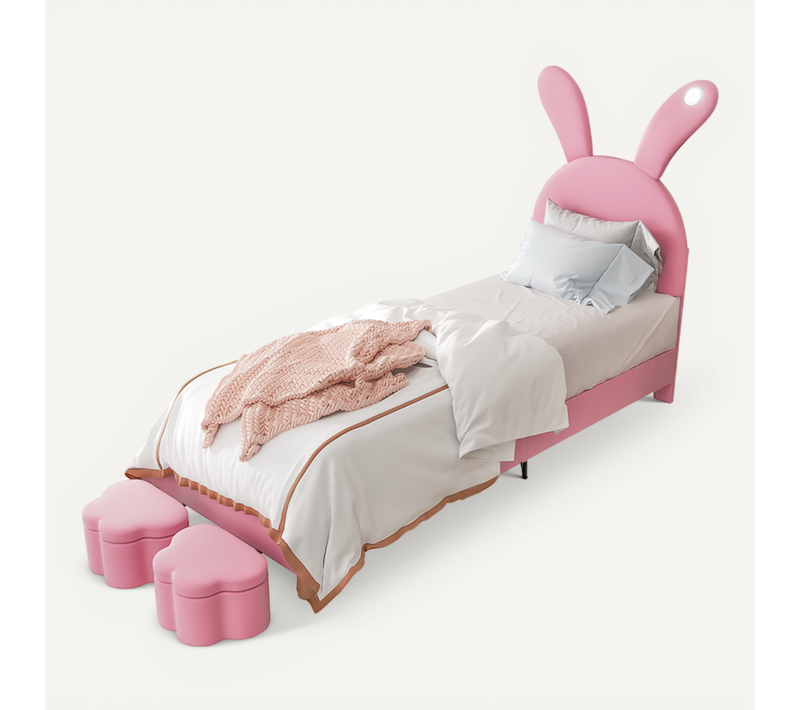 Lit Enfant 90x200 Cm Avec Coffres De Rangement, LED Intégrée, Oreilles Pliables, Tissu Velours Rose