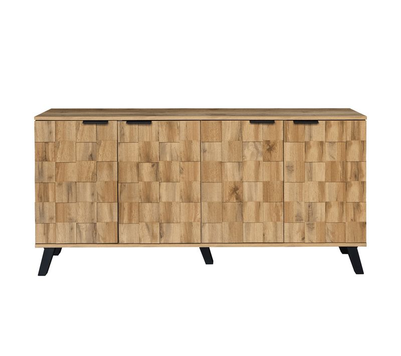 Buffet Moderne 160.5x35.5x78cm, 4 Portes, Poignées Noir Mat, Couleur Bois
