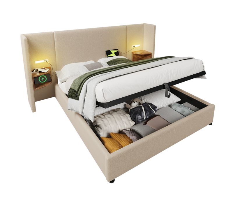 Lit Coffre Adulte 160×200 Avec Table De Chevet, Lampe De Lecture, USB, Type-c, En Lin, Beige