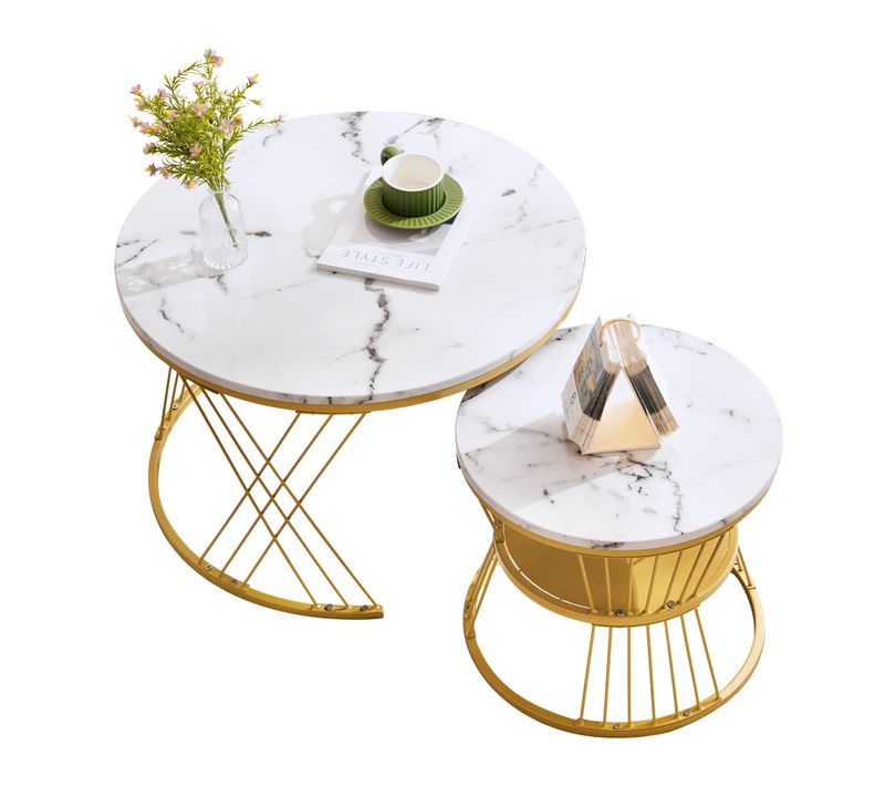 Tables Basses Gigognes, Tables D'appoint Rondes En Placage De Marbre, Ensemble De 2, Blanc Et Doré