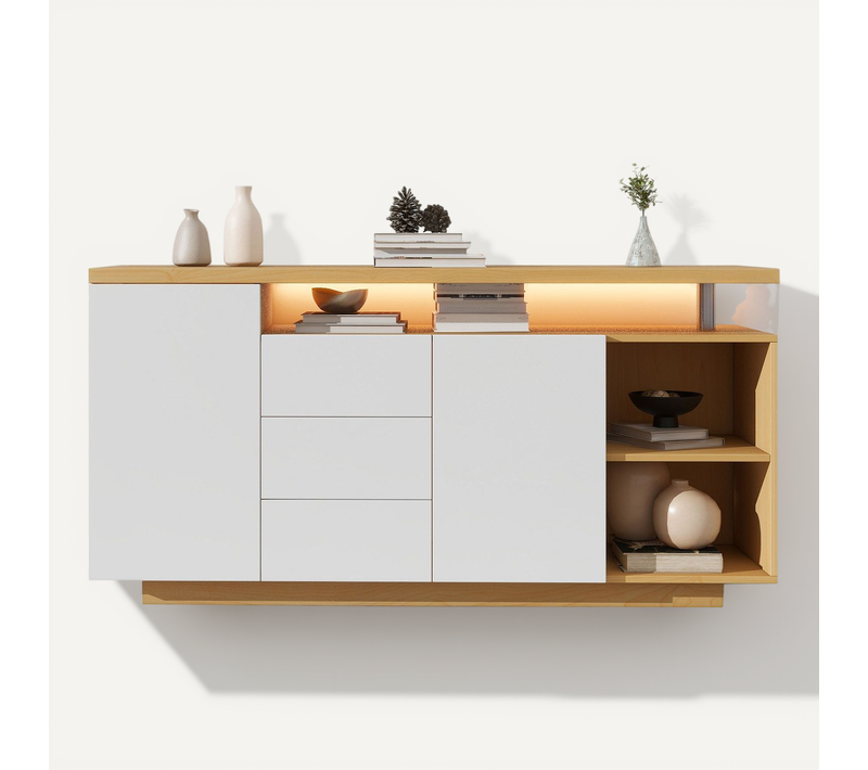 Buffet 140x40x70cm, 2 Portes, 3 Tiroirs, Avec Éclairage LED, Blanc + Couleur Bois