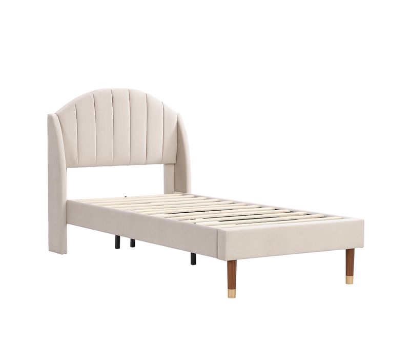 Lit Enfant 90x200 Cm En Velours Avec Lattes En Bois Et Dossier Rembourré, Beige