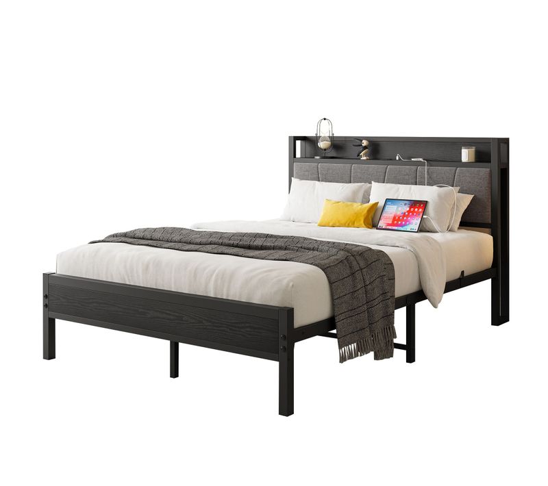 Lit Adulte 140x200cm En Métal, Cadre De Lit Noir Avec Tête De Lit, 1 Prise Et 2 Ports De Charge USB