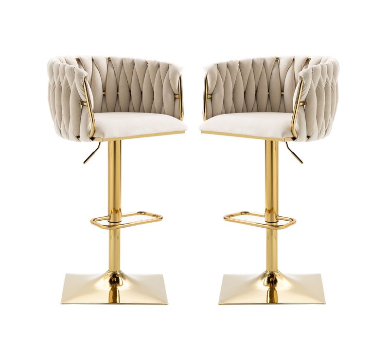 Tabouret De Bar Vintage En Velours, Lot De 2, 53x51x87cm, Pivotant à 360°, Hauteur Réglable, Ivoire
