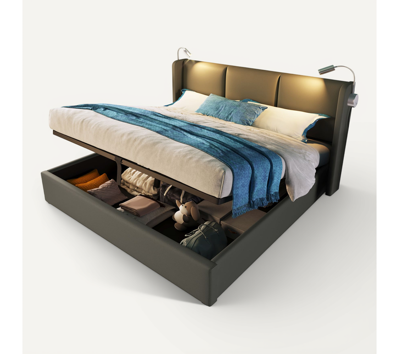 Lit Coffre 140x200 Cm Avec Lampe De Lecture, Ports USB Et Tête De Lit, Pu Gris