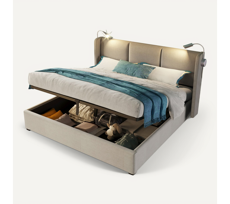 Lit Coffre 140x200 Cm Avec Lampe De Lecture, Ports USB Et Tête De Lit, Lin Beige