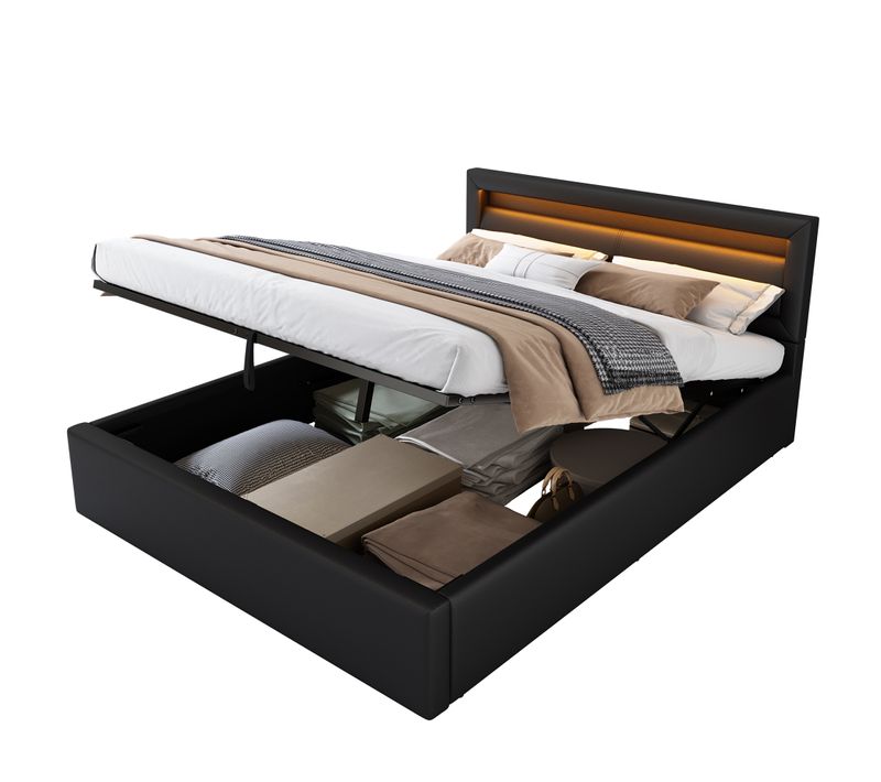 Lit Coffre 140x190 Cm Avec LED, Coffre De Rangement Et Tête De Lit Rembourrée, Noir, Simili Cuir