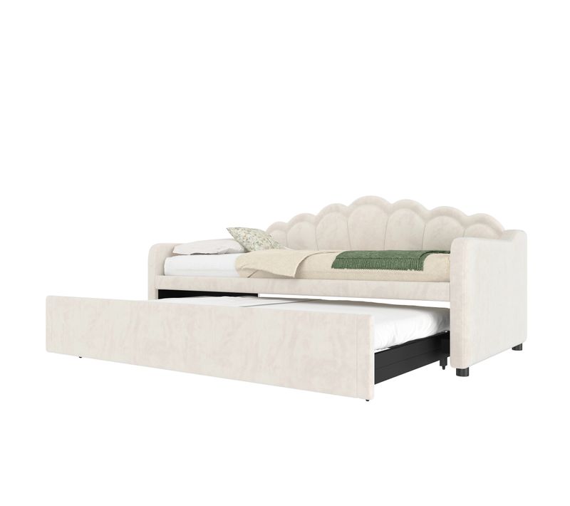 Lit Enfant Gigogne 90x200 Extensible 180x200 Cm, LED, Velours Beige