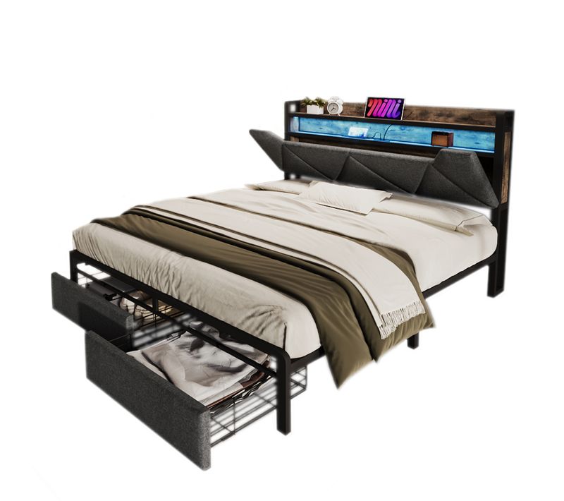 Lit 160x200 Cm Avec Tête De Lit à Rangement, Ports USB-c, LED, Tiroirs, Métal Et Tissu Gris
