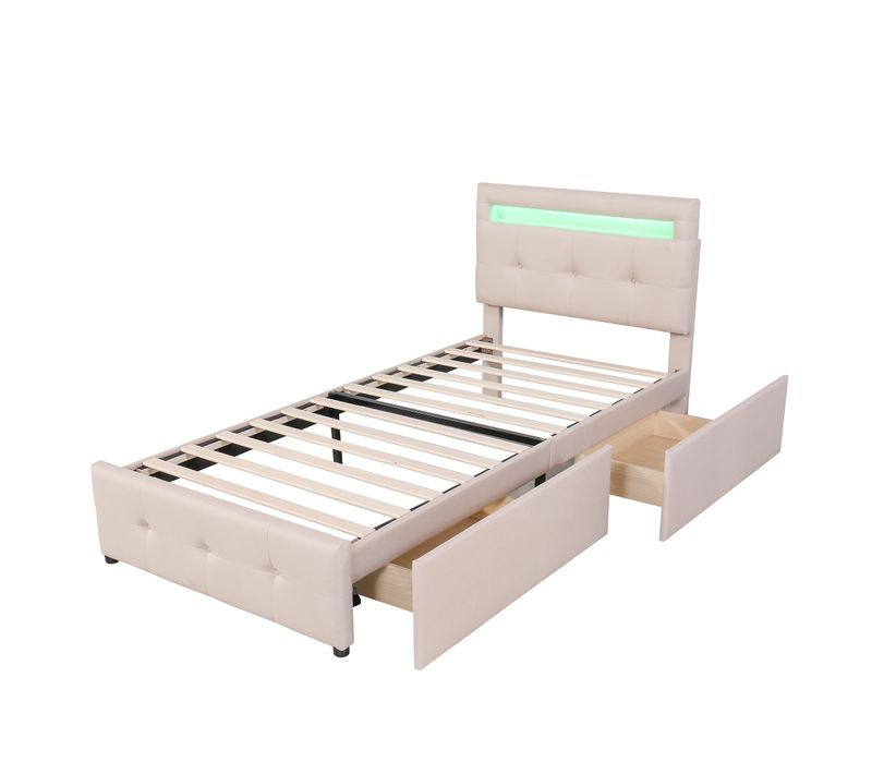 Lit 90x200 Avec LED Et 2 Tiroirs – Lit Enfant/junior En Tissu Lin Beige