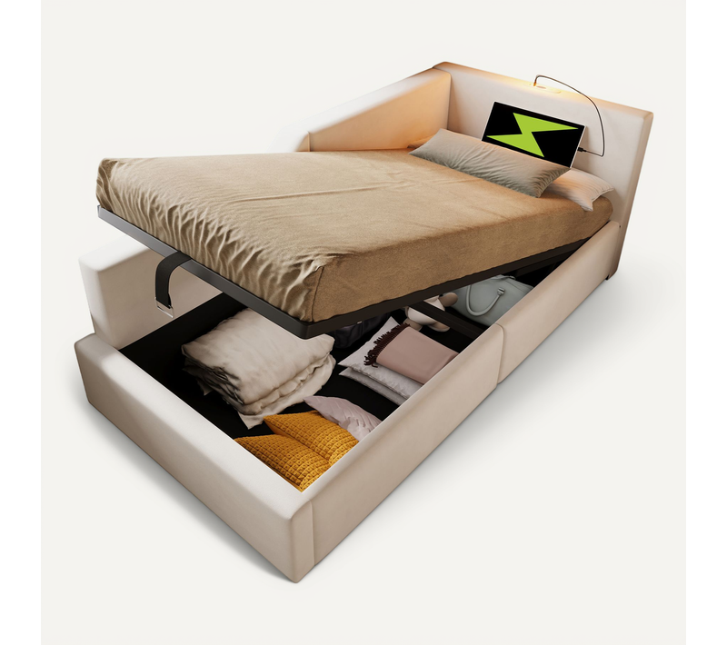 Lit D’appoint 90x190 Cm Avec Coffre, Lampe De Lecture Et USB-c-velours Beige