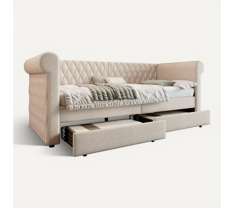 Lit Enfant Banquette 90x200 Cm Tissu Lin, Avec 2 Tiroirs De Rangement, Beige
