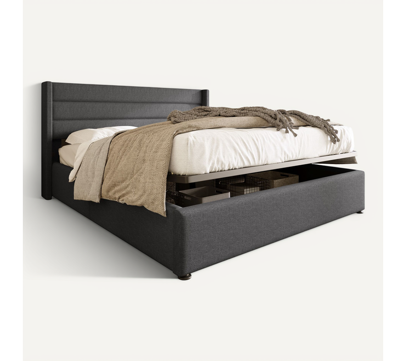 Lit Coffre 180x200 Cm En Tissu Gris, Tête De Lit Rembourrée, Rangement Hydraulique