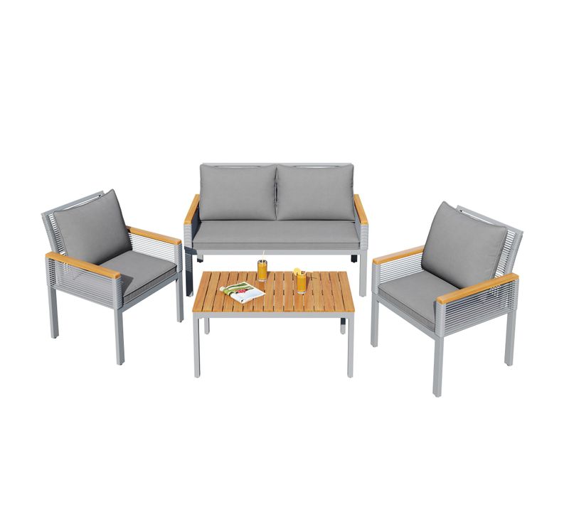 Ensemble De Canapés D'extérieur,Salon de jardin, 4 Places, 1 Table Basse, Gris