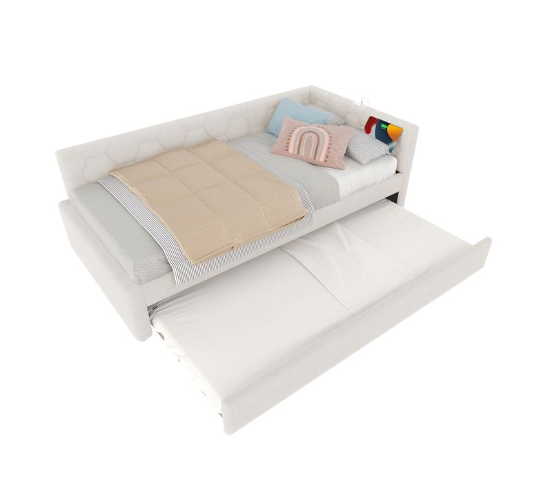 Lit Enfant 90x200 Cm Avec Lit Gigogne Et Lampe De Chevet, USB-c, Imitation Laine, Blanc