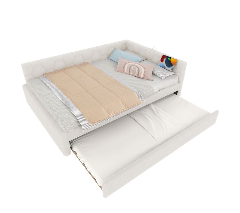 Lit Double Adulte 140x200cm, Avec Lit Gigogne, Lampe De Chevet, USB-c, Imitation Laine, Blanc
