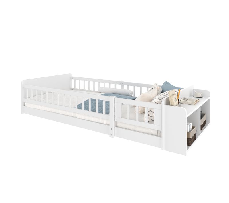 Lit Enfant 90x200cm, Rangement Ouvert, Avec Barrières Des Deux Côtés, Pin + Mdf, Blanc