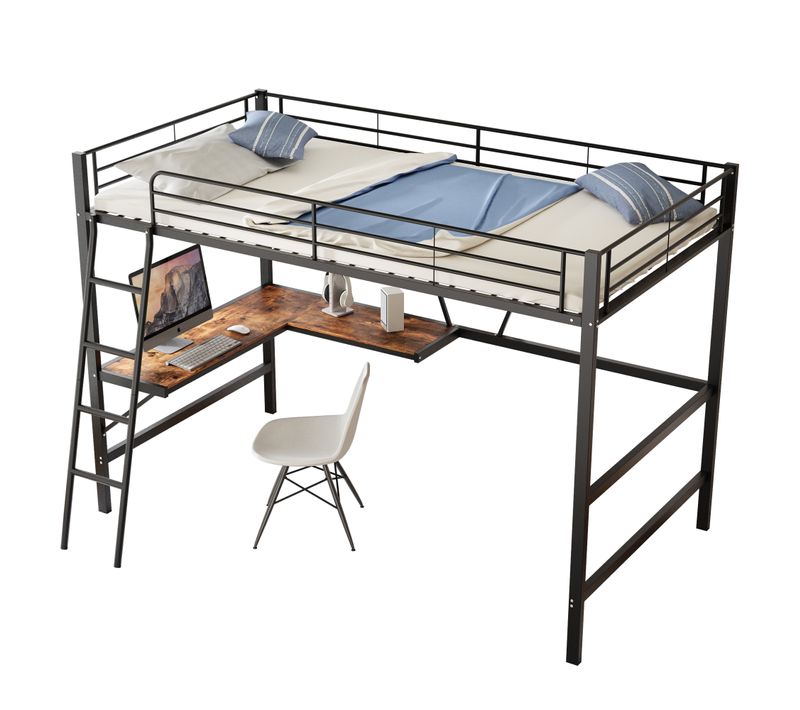 Lit Mezzanine 90x200 Cm En Métal Noir Avec Bureau En L Et Étagère, Pour Enfant Et Adulte